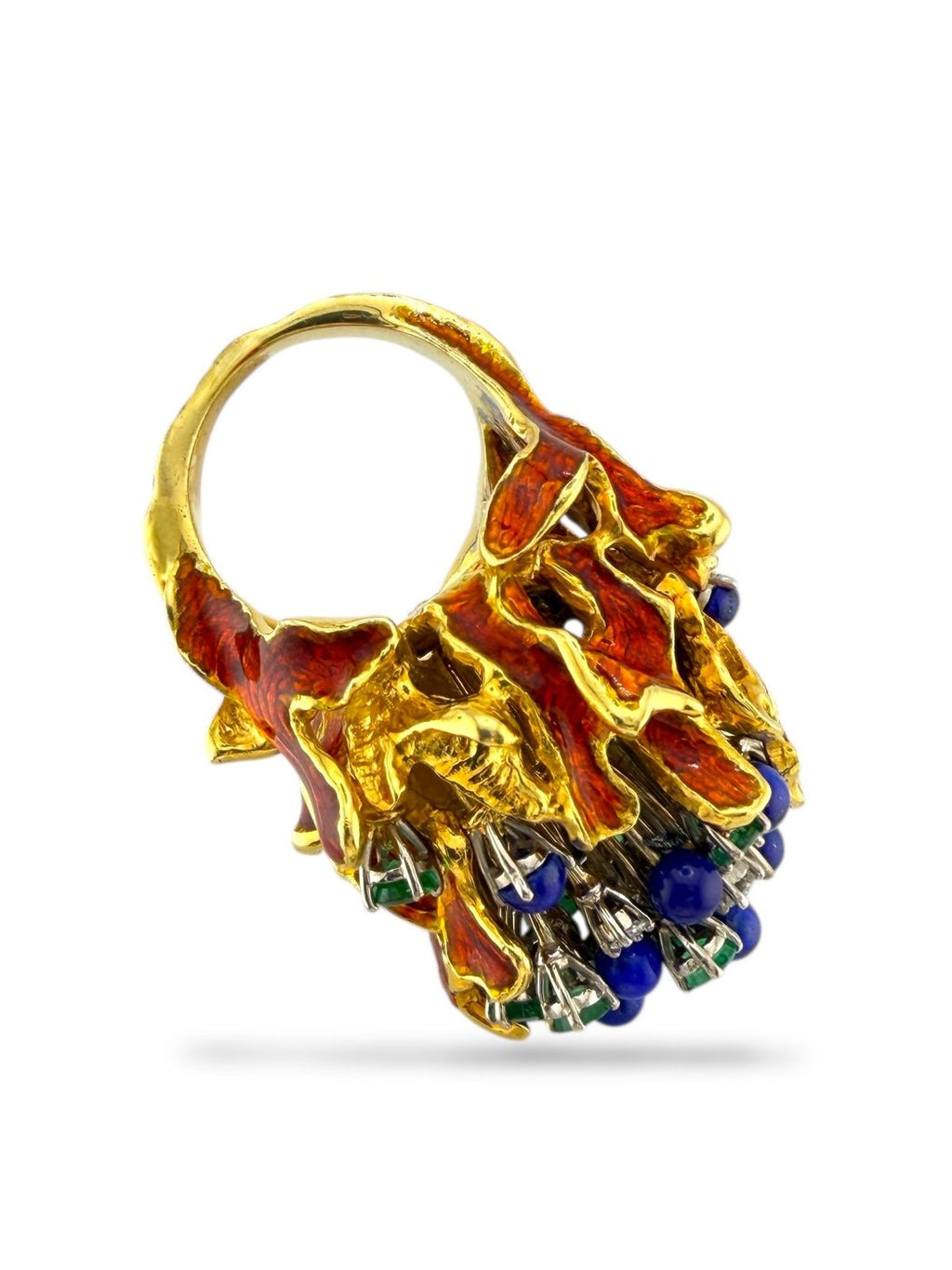 18K Yellow Gold Diamond Emerald Sapphire and Red Enamel Statement Ring