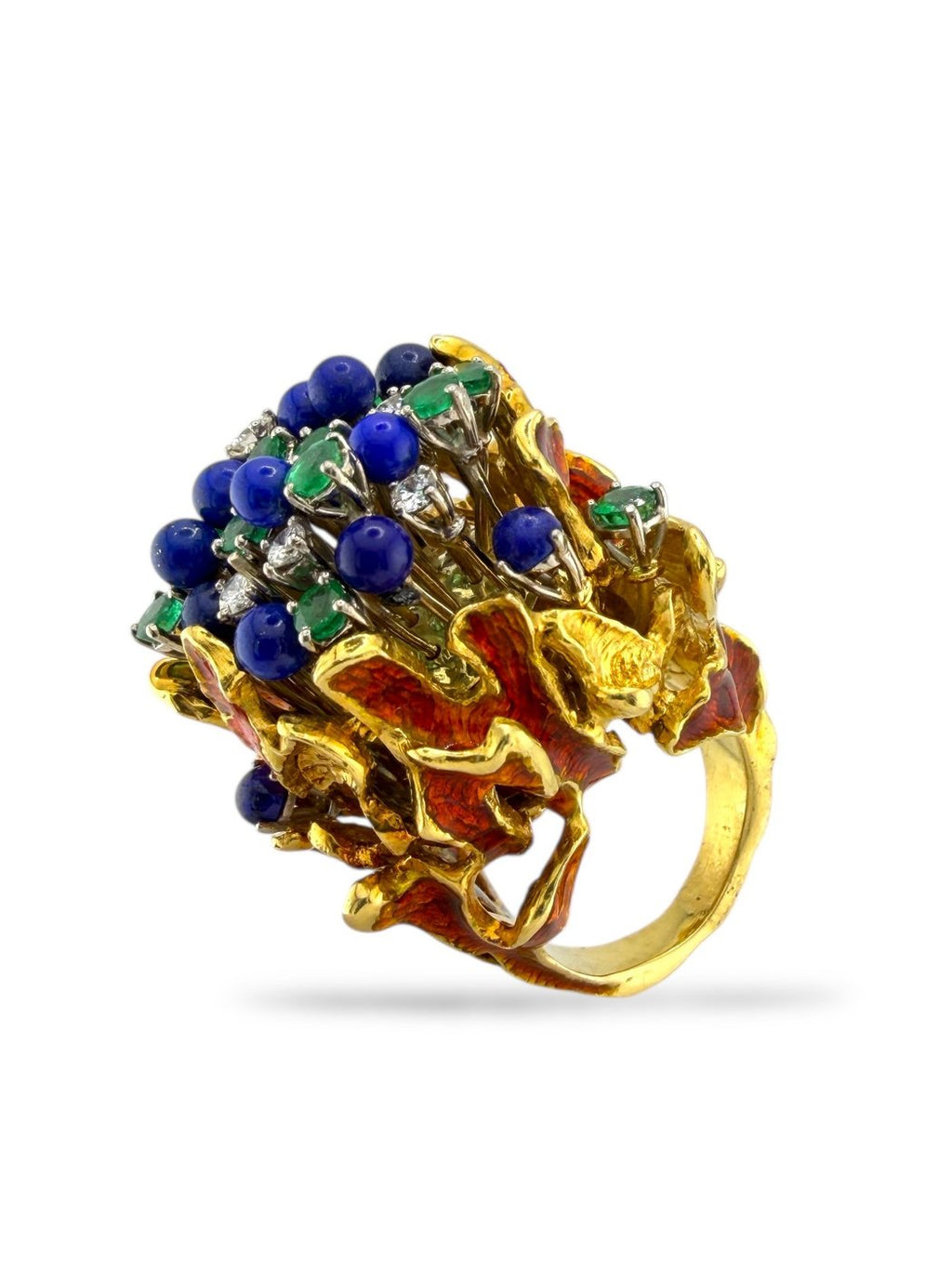 18K Yellow Gold Diamond Emerald Sapphire and Red Enamel Statement Ring