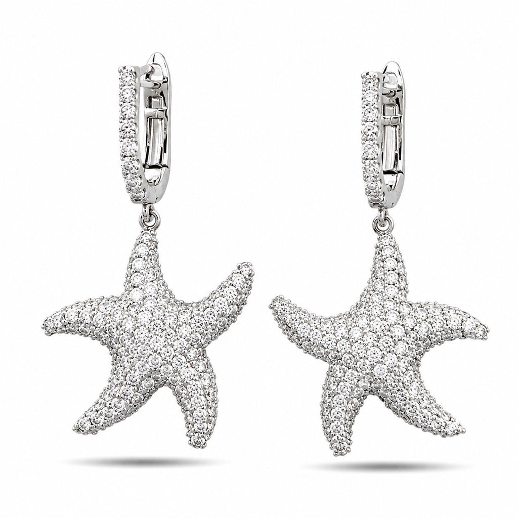 14K white gold diamond starfish drop earrings