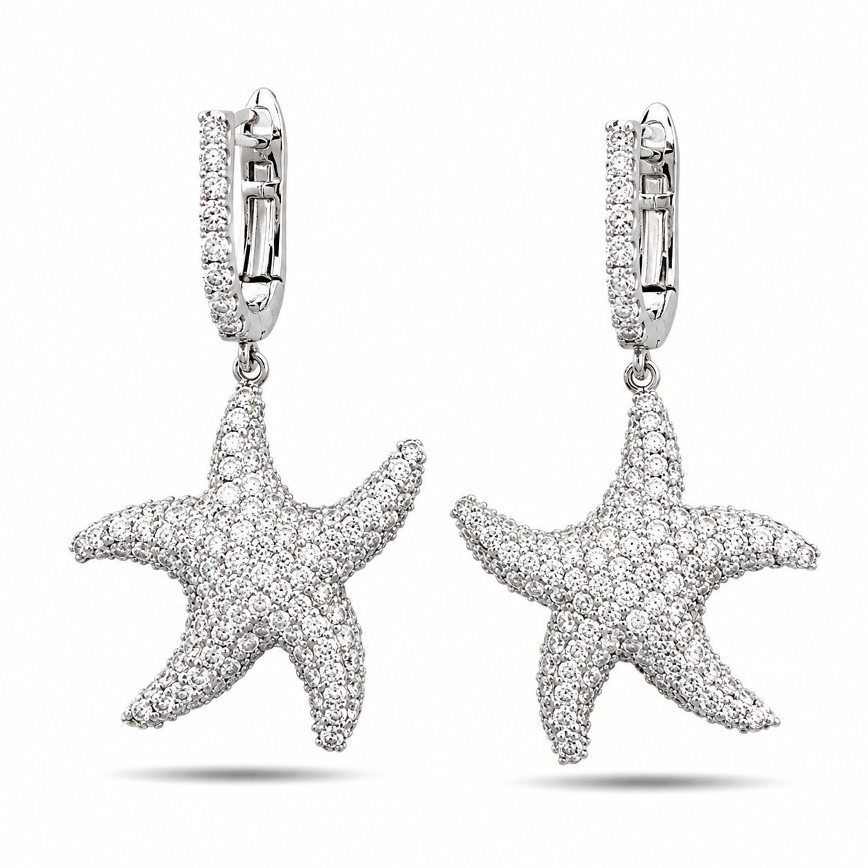 14K white gold diamond starfish drop earrings