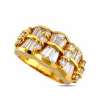 14K yellow gold ring featuring baguette-cut diamond cluster with round side stones