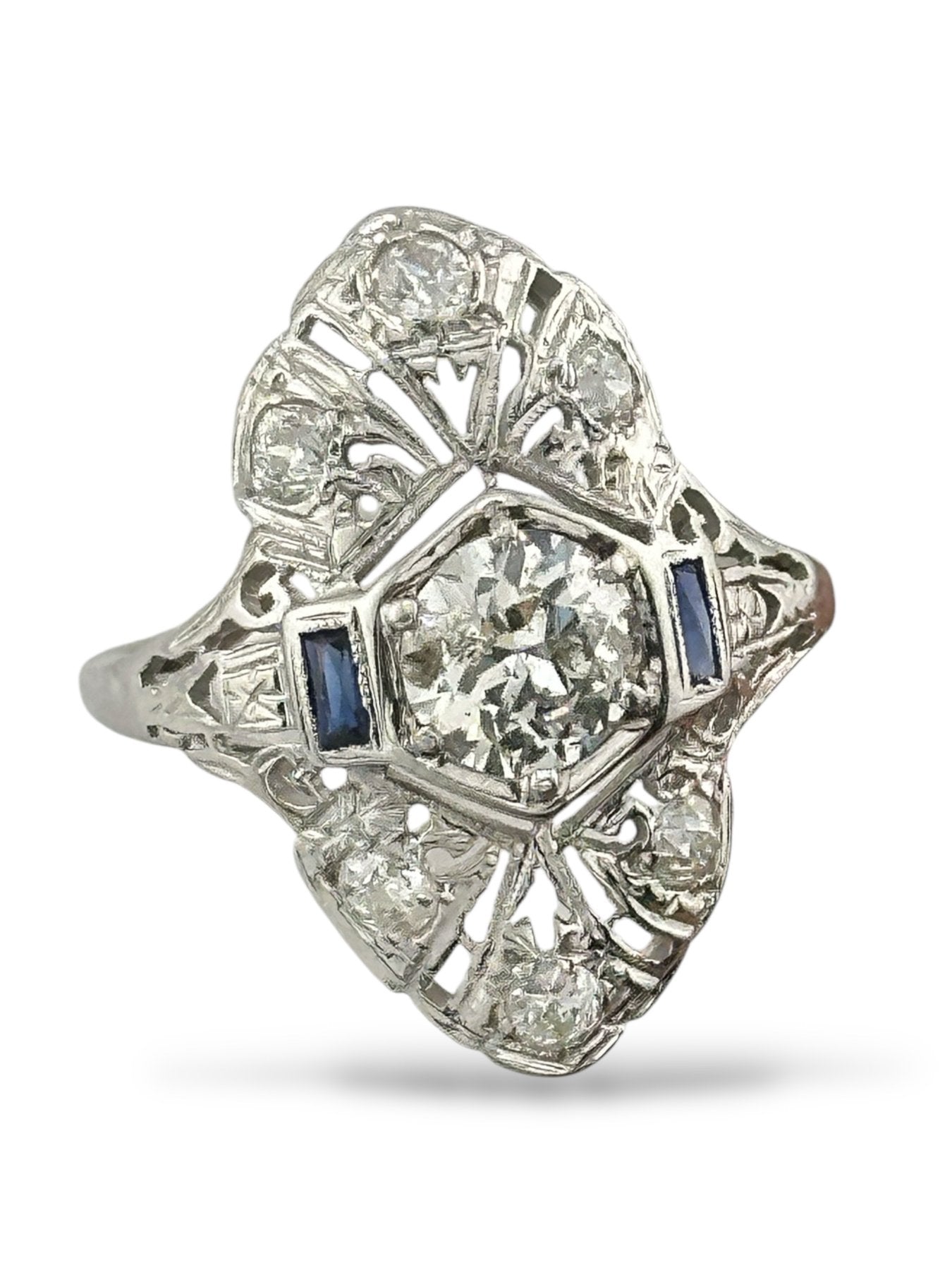 Art Deco 18K White Gold Ring with 0.90 Carat Diamond and Sapphires