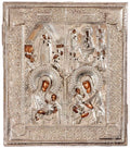 Antique Russian silver icon with four-piece design, embossed figures and halos