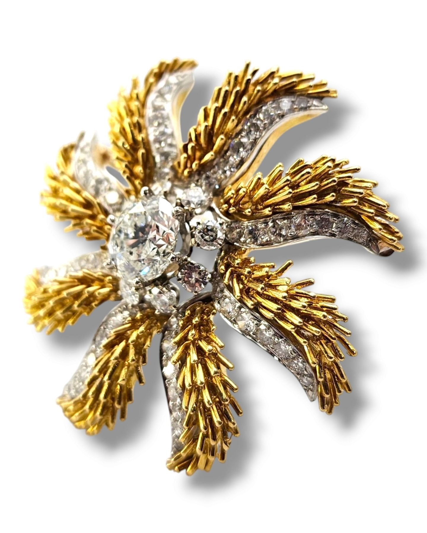 Brooch - 18 kt. Yellow gold, Amazing 18K Gold Brooch Large Diamonds 3.08 Ct