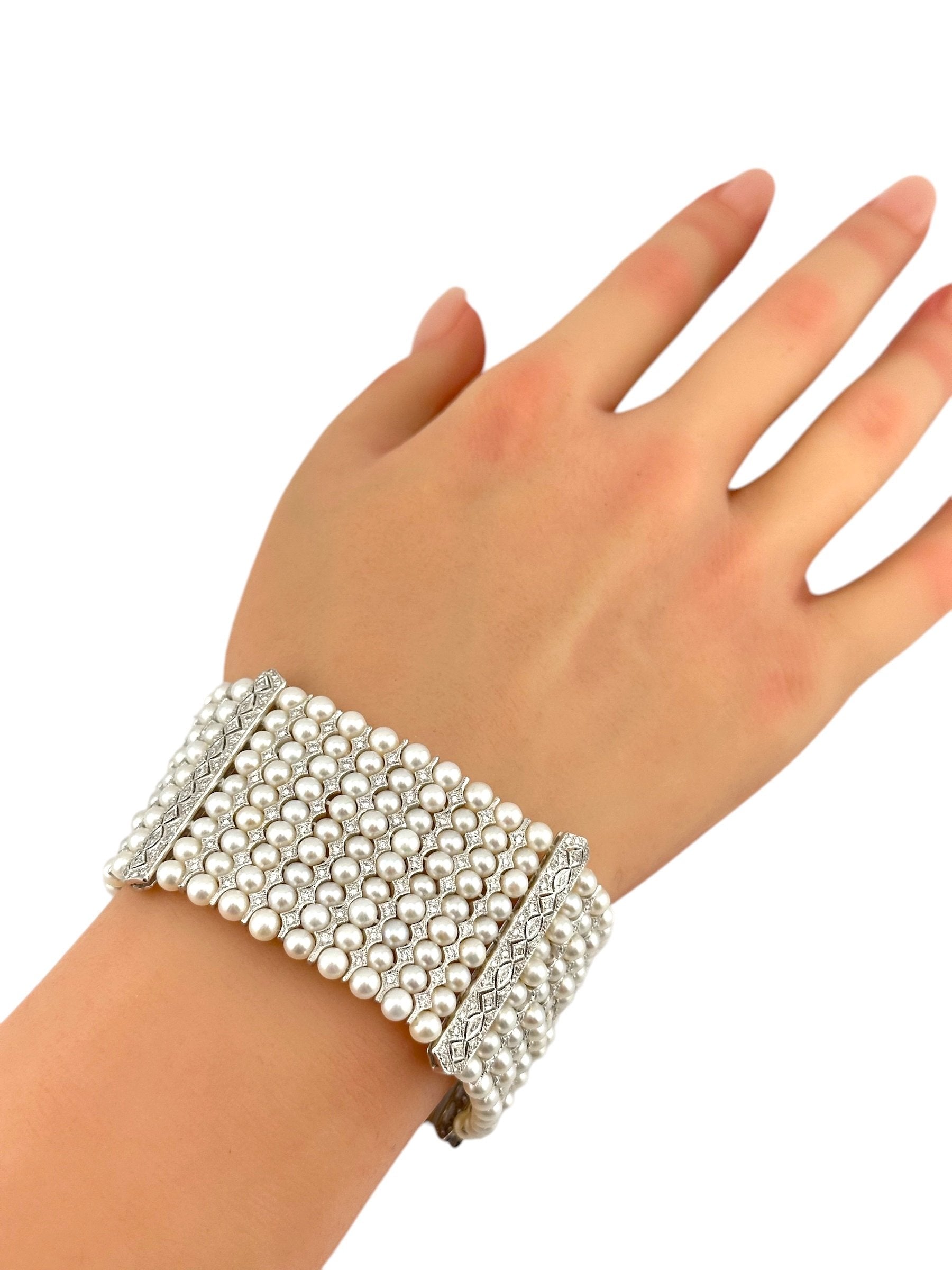 18 kt. White gold,  18K White Gold Diamond & Pearl Bracelet  -  2.97ct. tw. Diamond (Natural)