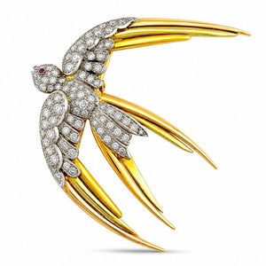18K Yellow & Rose Gold Diamond & Ruby Bird in Flight Brooch