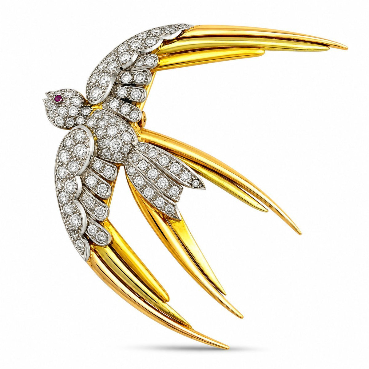18K yellow and rose gold diamond and ruby bird-in-flight brooch