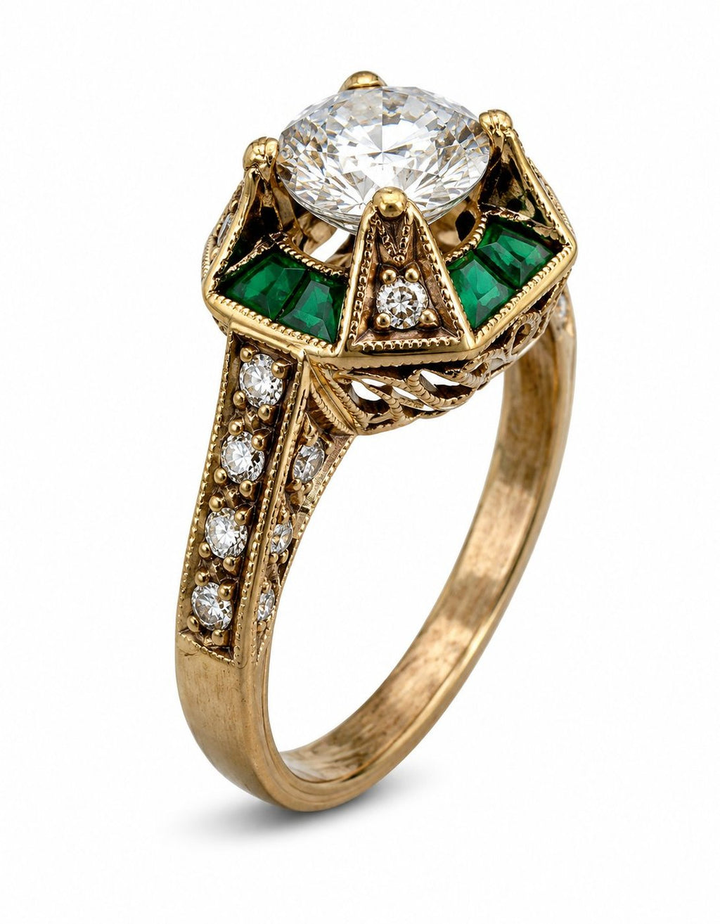 18K Yellow Gold Vintage 2.16ct Diamond and Emerald Ring
