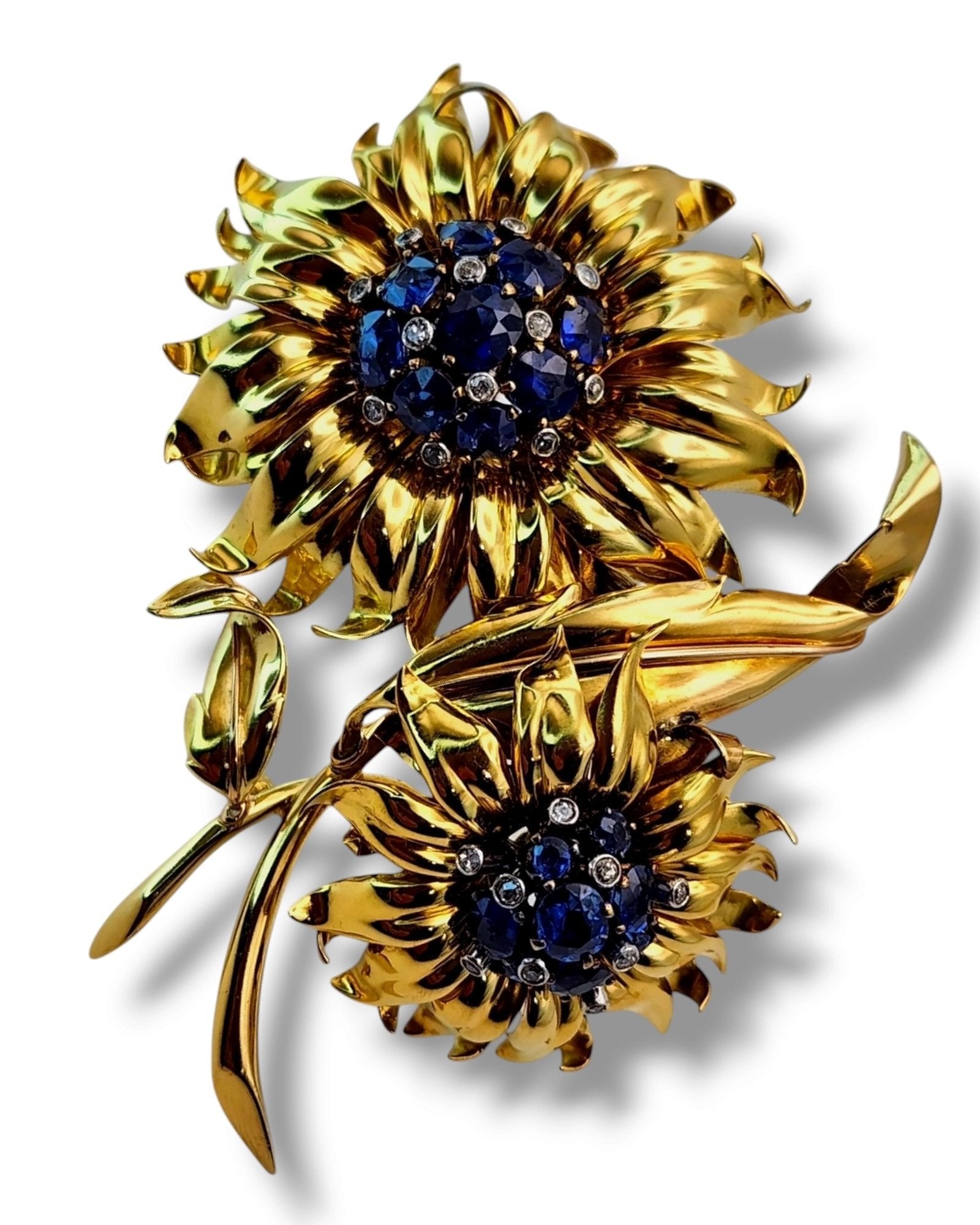 Brooch - 18 kt. 18K Gold Brooch with Diamonds and Large Sapphires, Yellow gold Diamond (Natural)