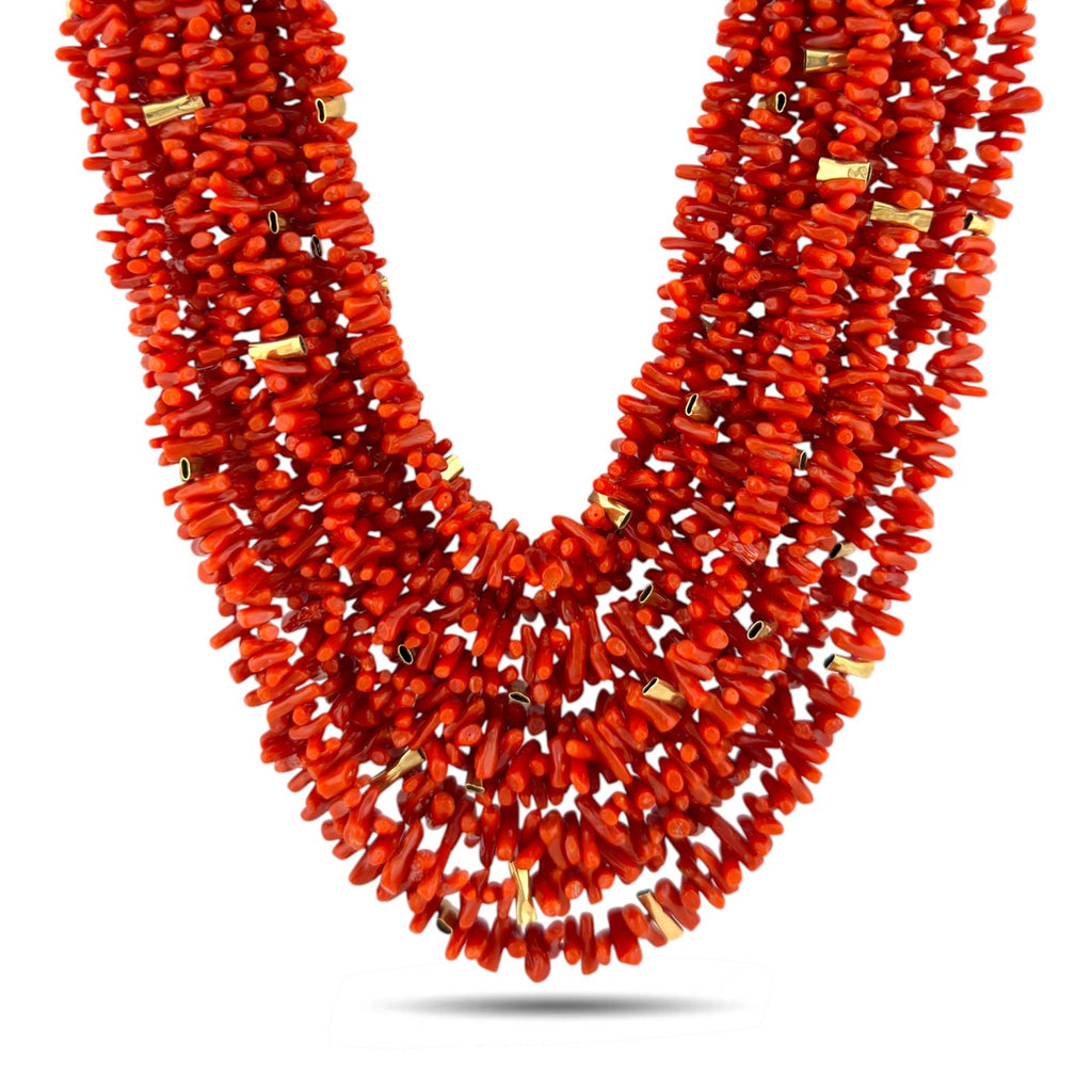 Tambetti 14K Yellow Gold Multi Strand Red Coral Bead Necklace