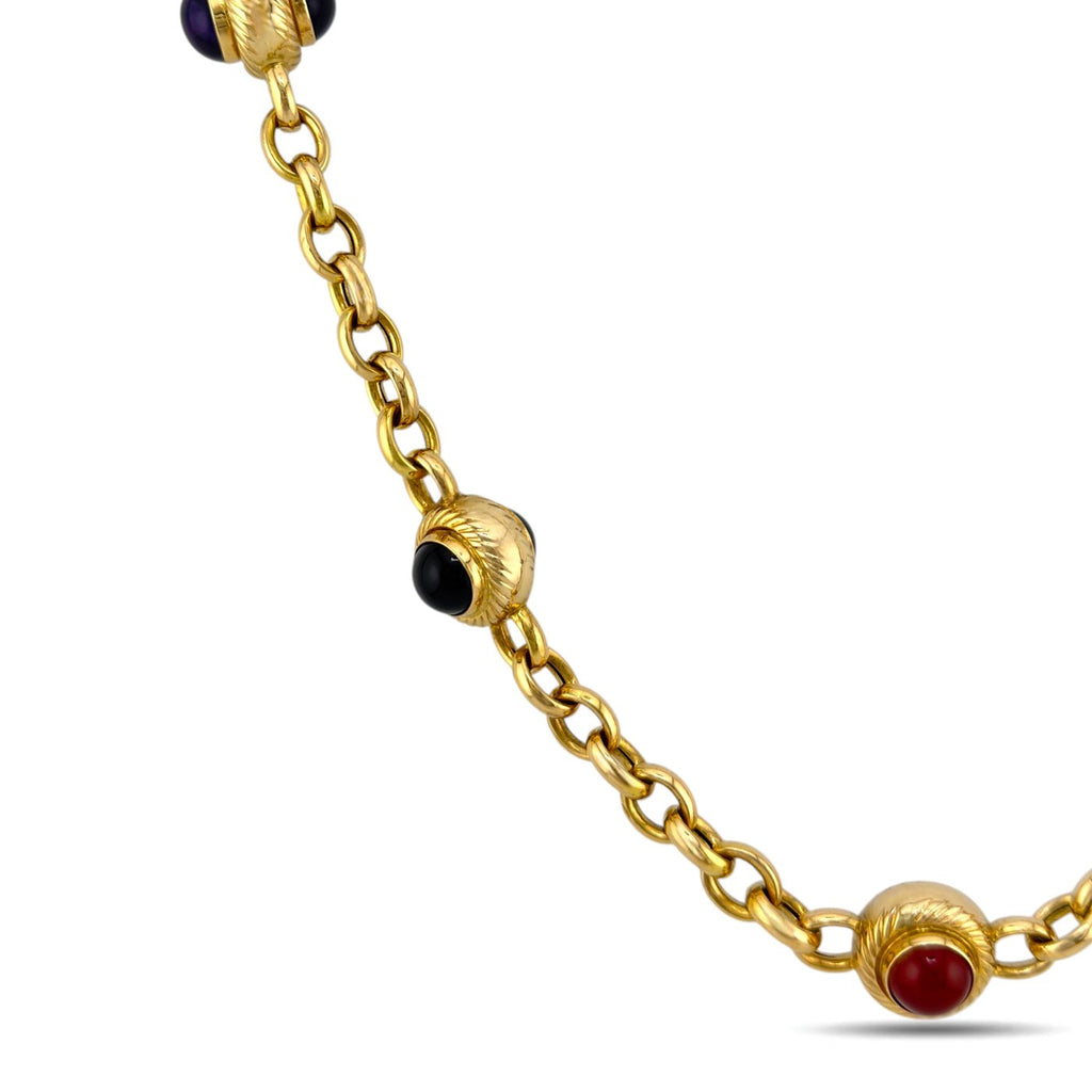 Italian 14K Yellow Gold Multi Gemstone Cabochon Round Necklace