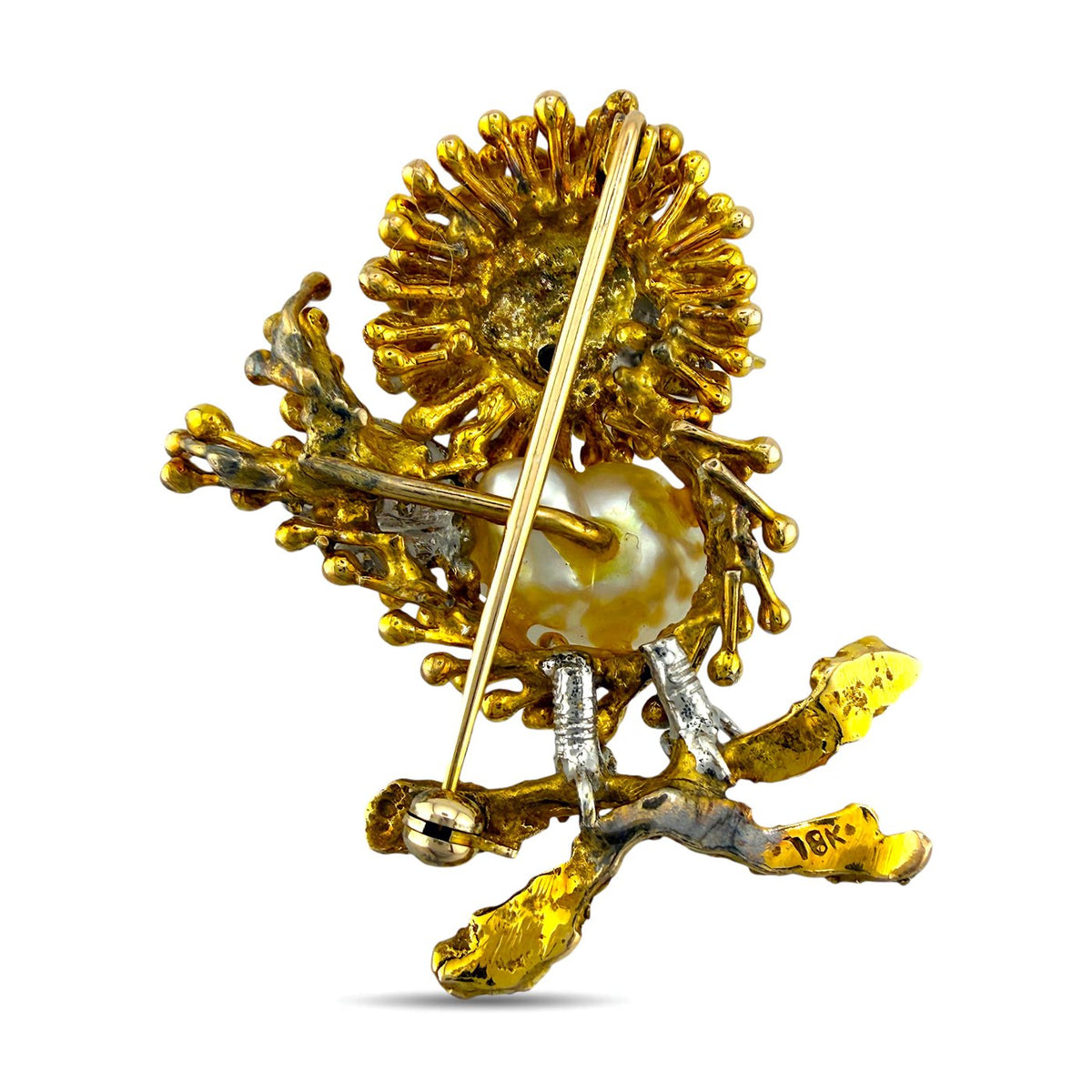 Bird brooch back with gold-tone pin and clasp, textured feet and legs detail