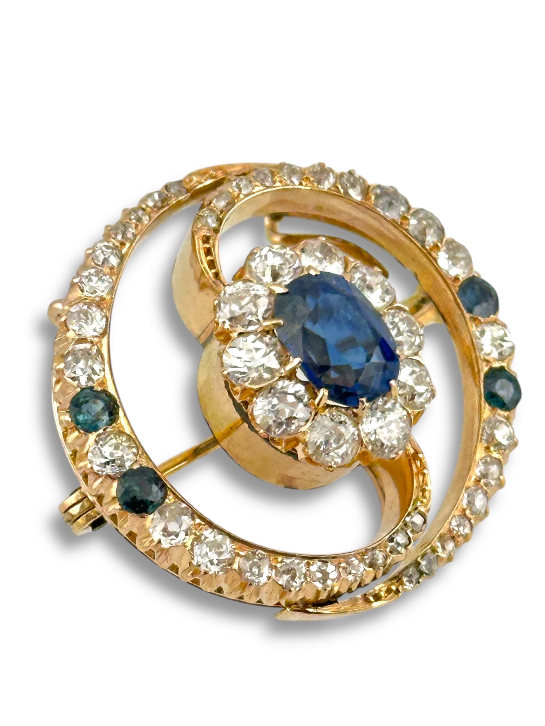 Brooch - 14 kt. Yellow gold, An Antique Sapphire and Diamond Pin Brooch 1.68Ct  Diamond (Natural)  - Sapphire
