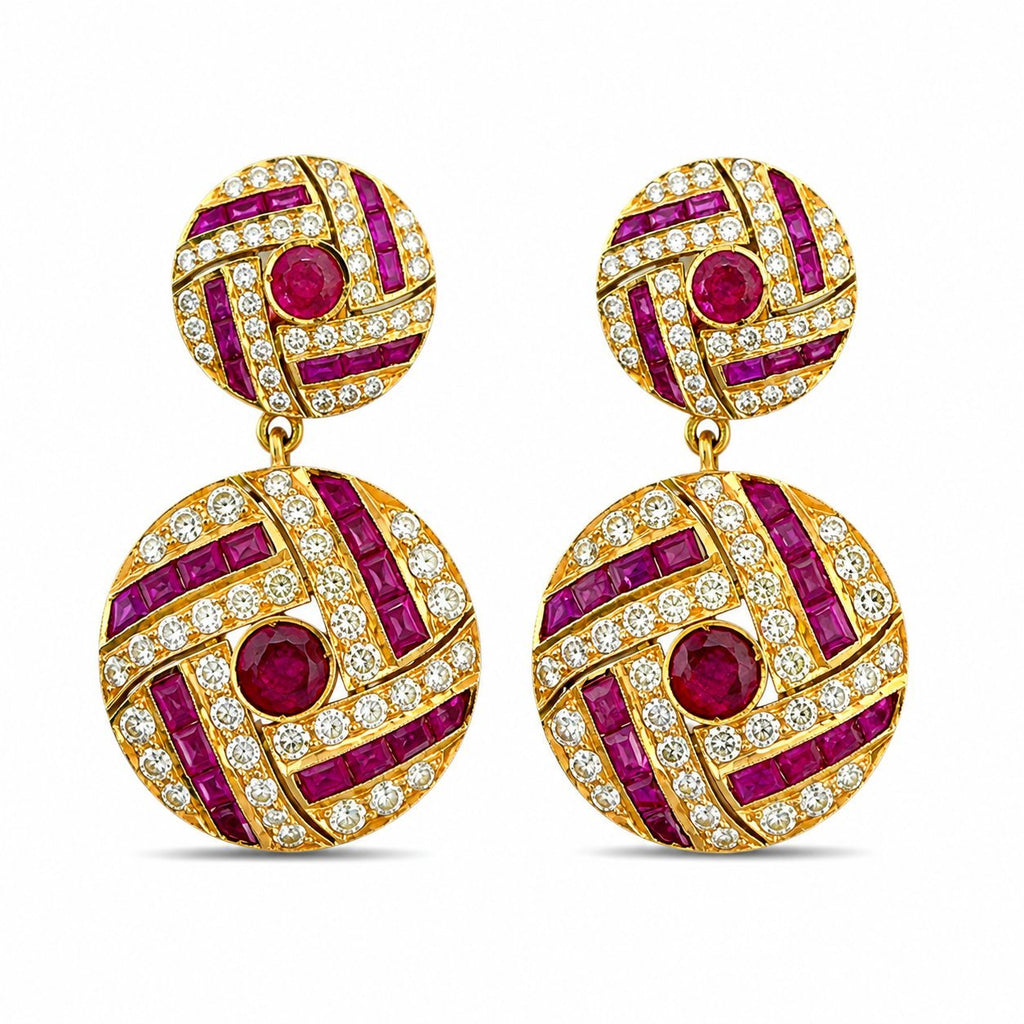 18K gold ruby and diamond drop earrings with circular top and ornate purple bands