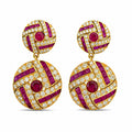 18K gold ruby and diamond drop earrings with circular top and ornate purple bands