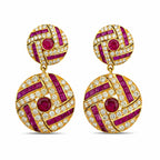 18K gold ruby and diamond drop earrings with circular top and ornate purple bands