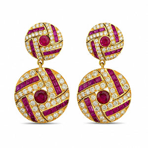 18K Yellow Gold 3.00ct Ruby and 4.00ct Diamond Drop Earrings