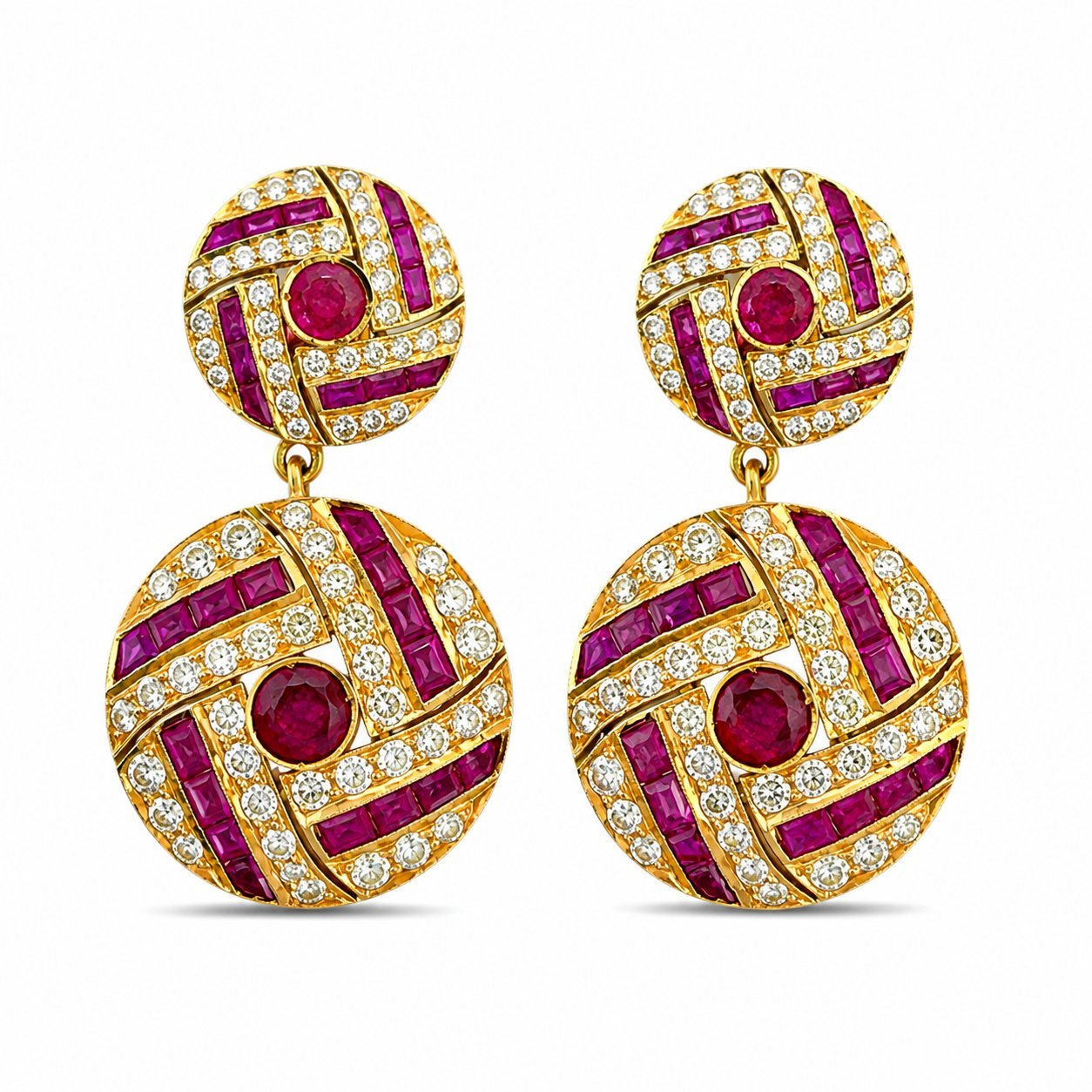 18K gold ruby and diamond drop earrings with circular top and ornate purple bands