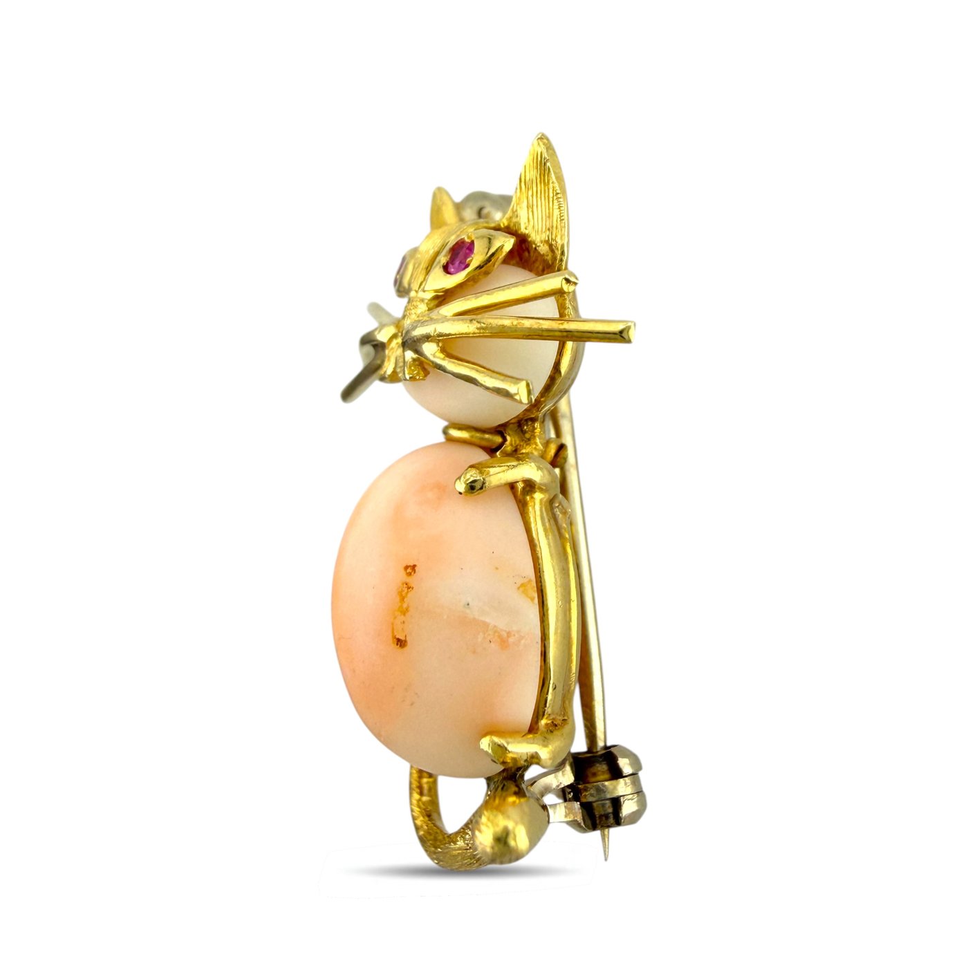 18K Yellow Gold Italian Coral and Ruby Kitten Brooch