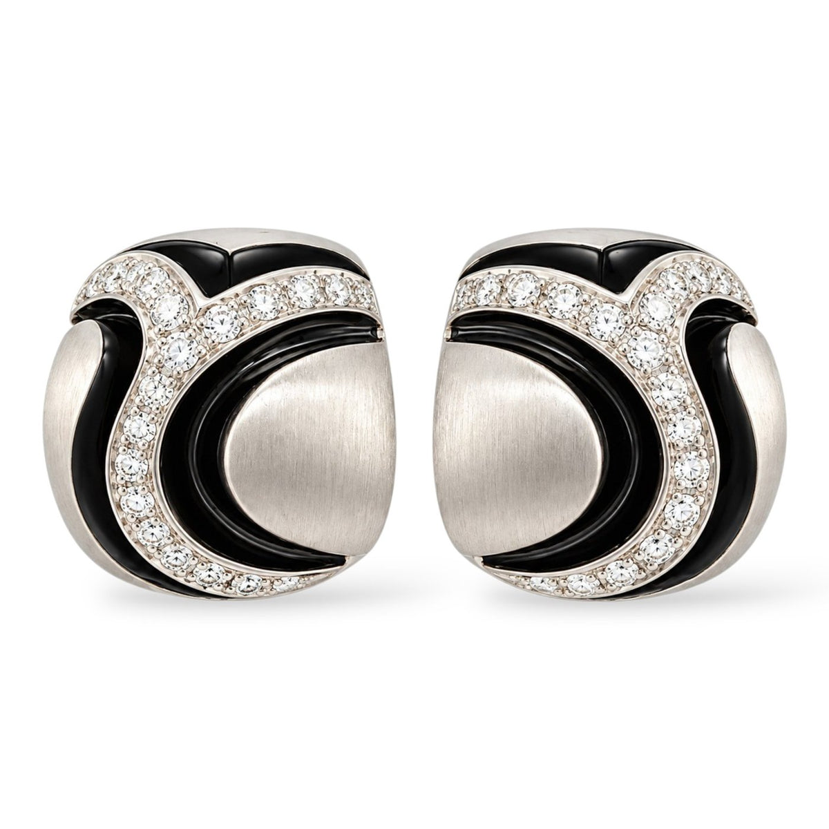 18K white gold diamond earrings with sculpted black enamel accents, shown as a pair