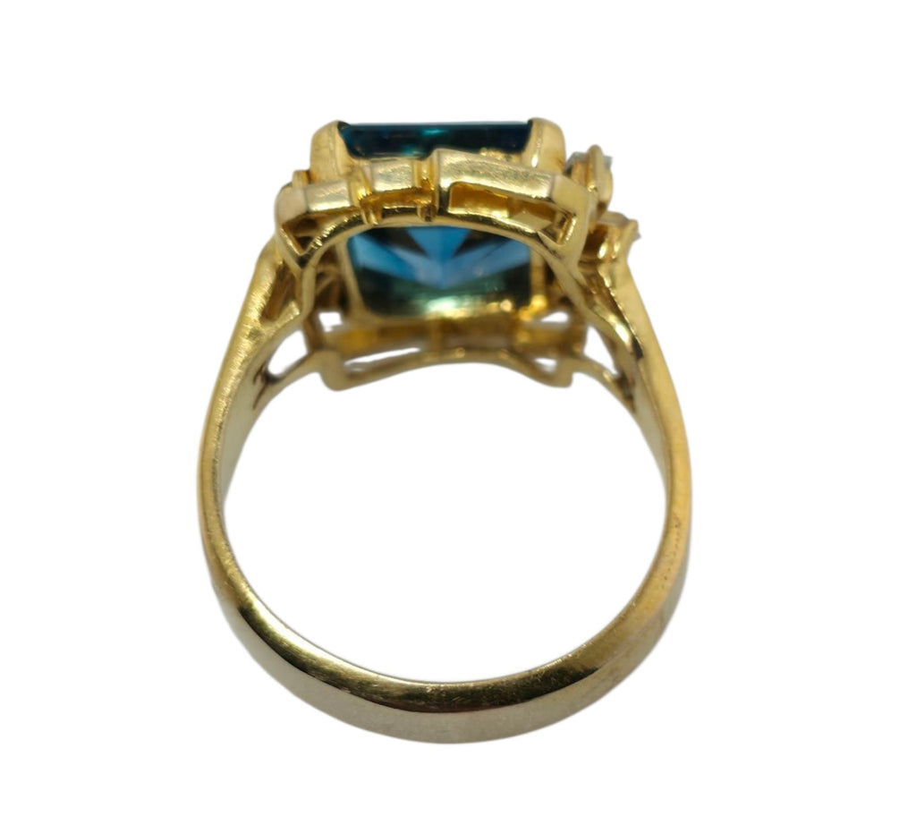 14K Yellow Gold Emerald Cut Blue Topaz with 0.44ct Halo Diamond Cocktail Ring