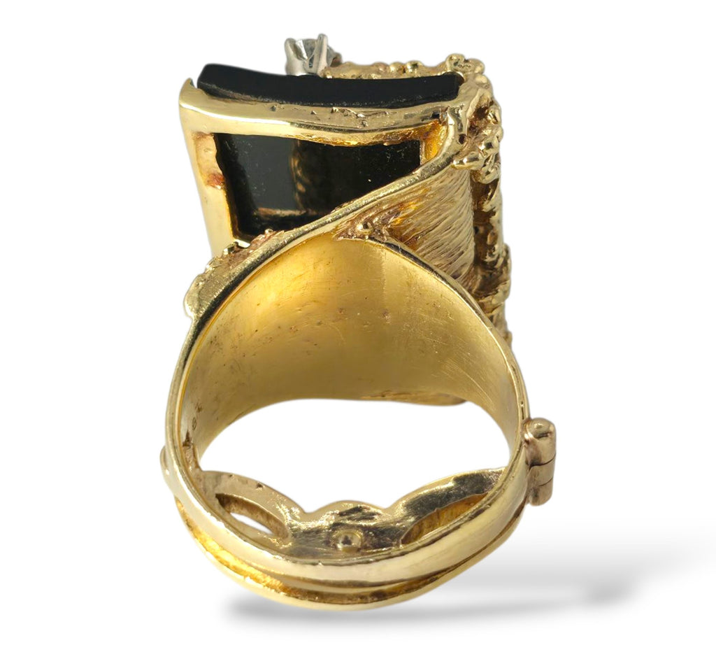 18K Yellow Gold Ring with Diamonds, Black Stone and Pressure-Relief Mechanism