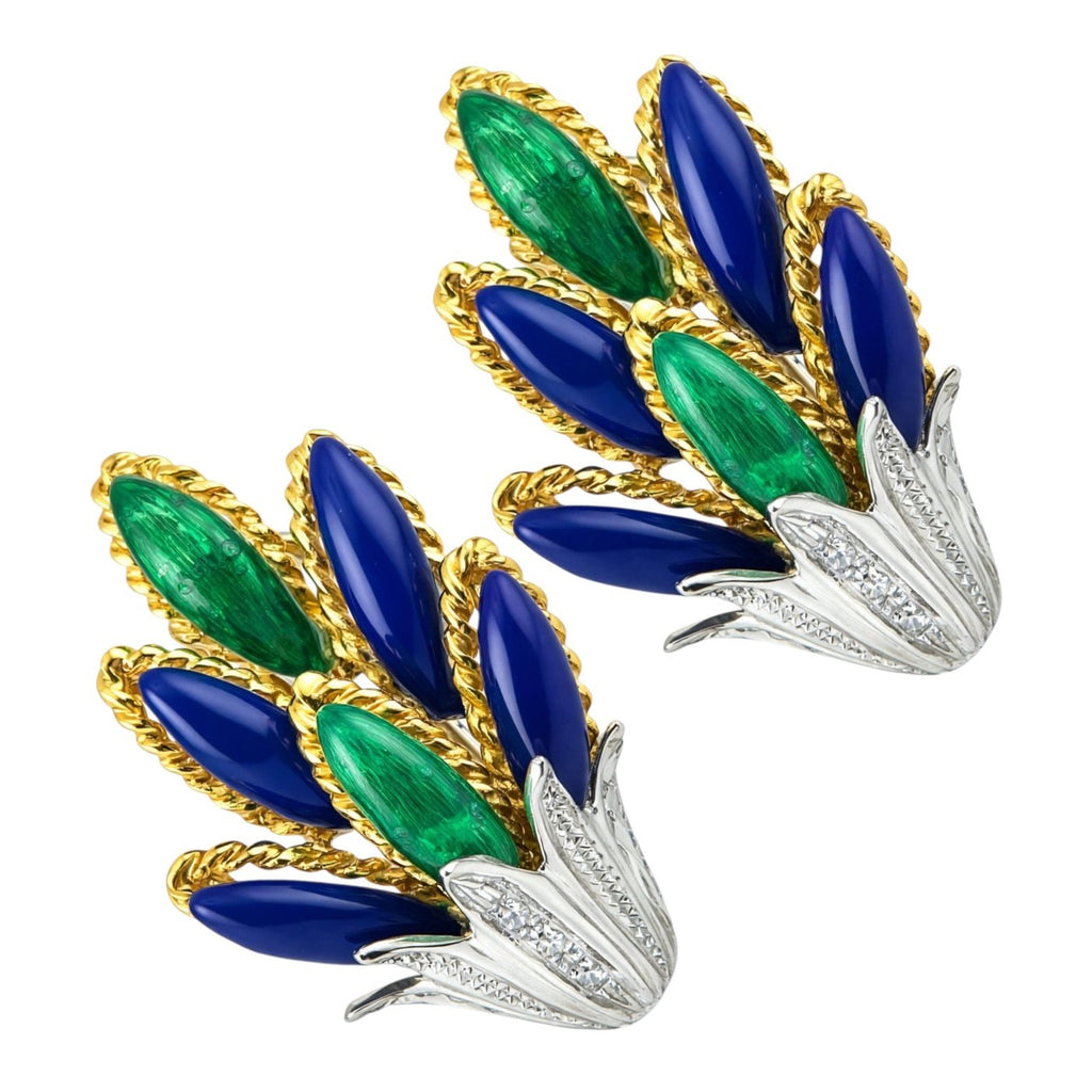 18K Yellow Gold and Enamel Diamond Earrings