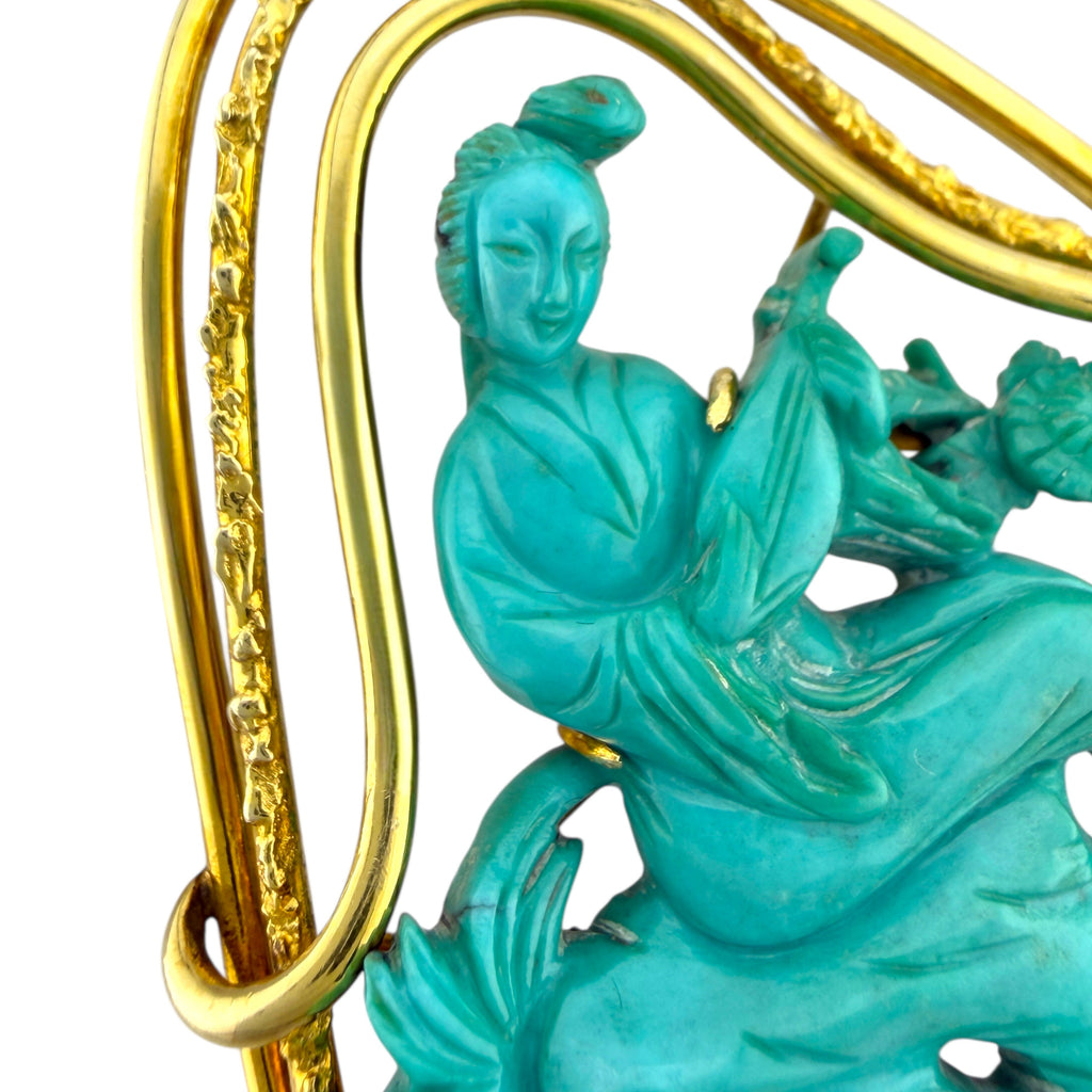 Chinese 14K Yellow Gold Turquoise Carved Asian Woman Pendant