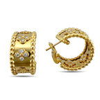 18k yellow gold beaded hoop earrings with four-leaf clover diamond studs