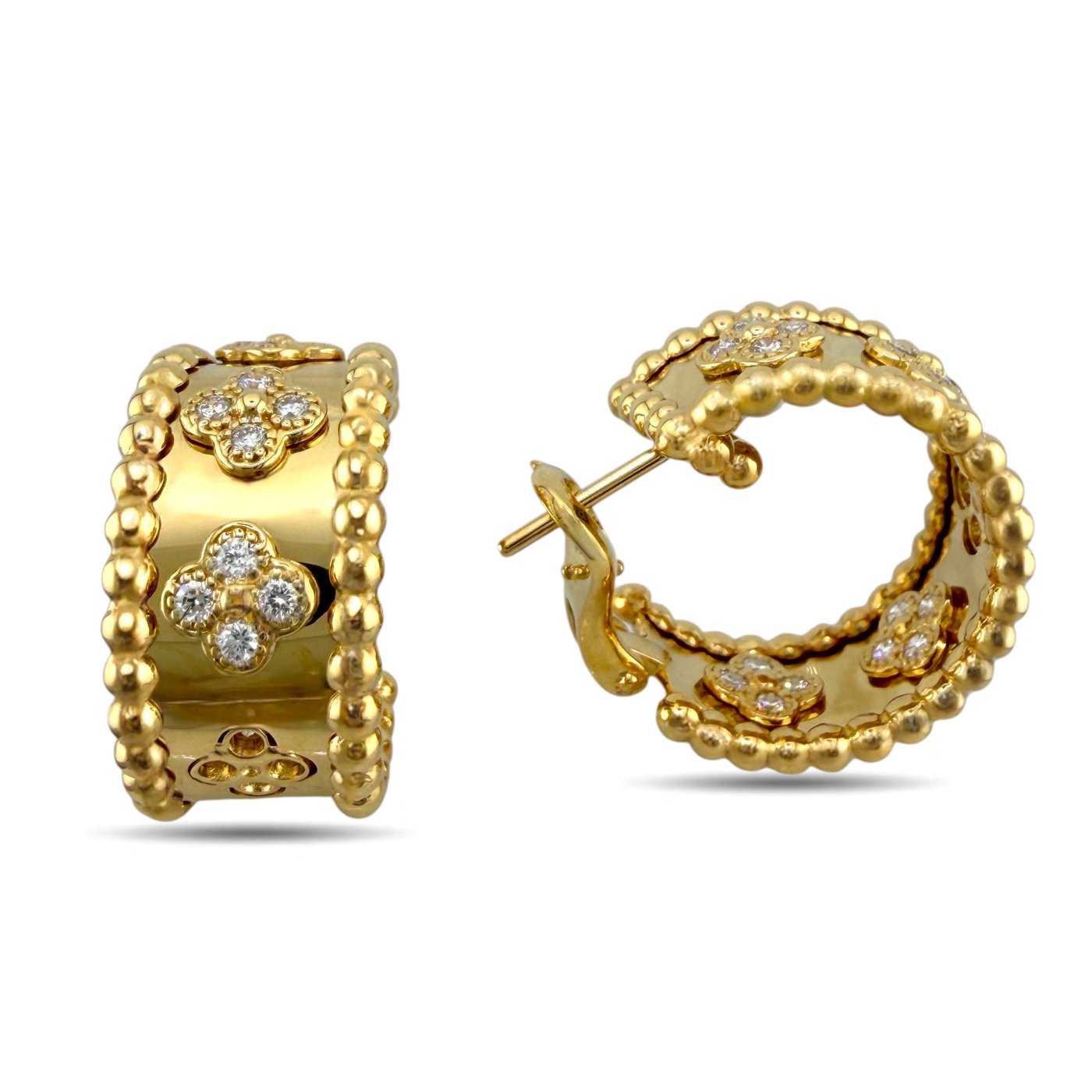 18k yellow gold beaded hoop earrings with four-leaf clover diamond studs