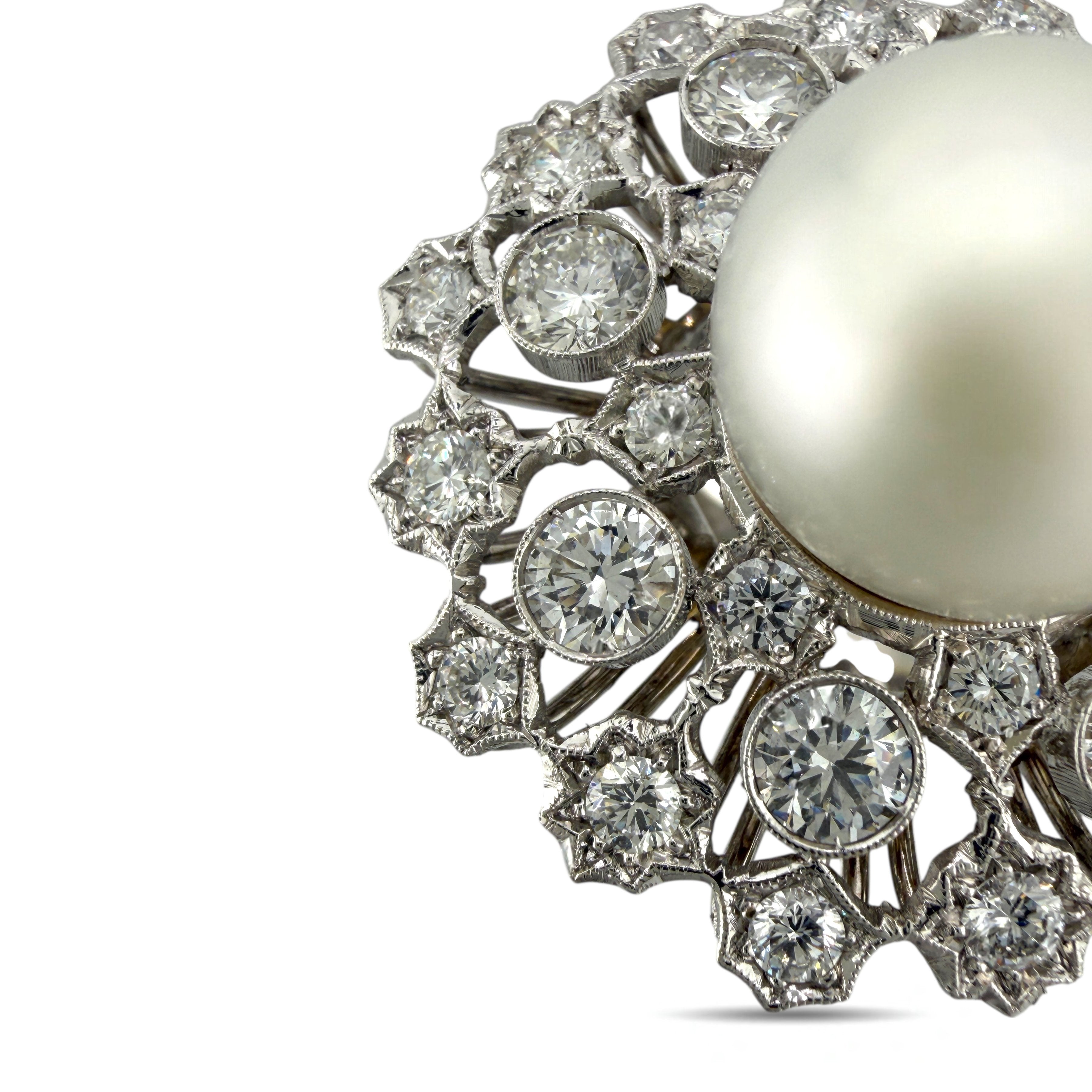 18K White Gold Pearl and 4ct Diamond Circular Cocktail Ring