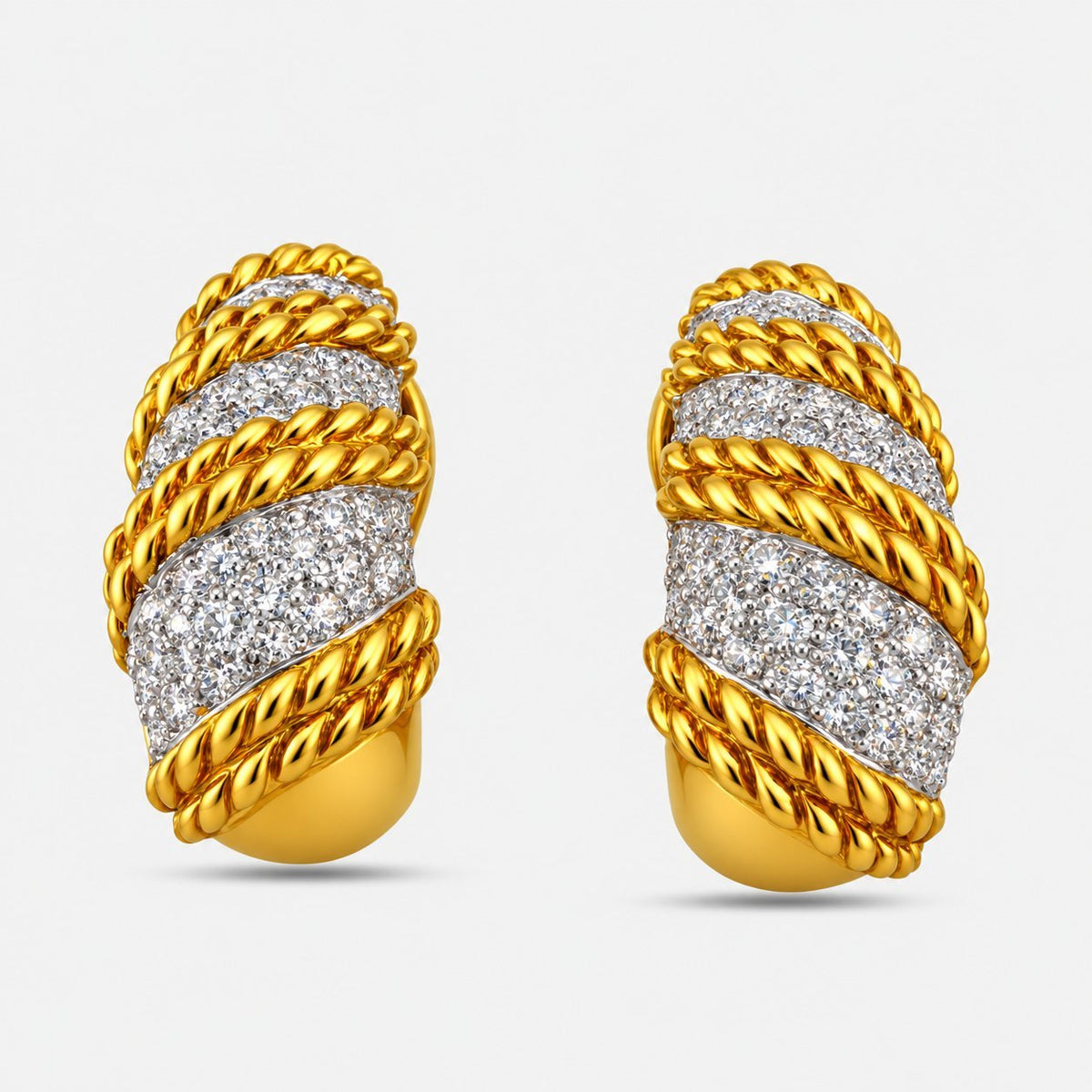 18K yellow gold three-row swirl diamond earrings