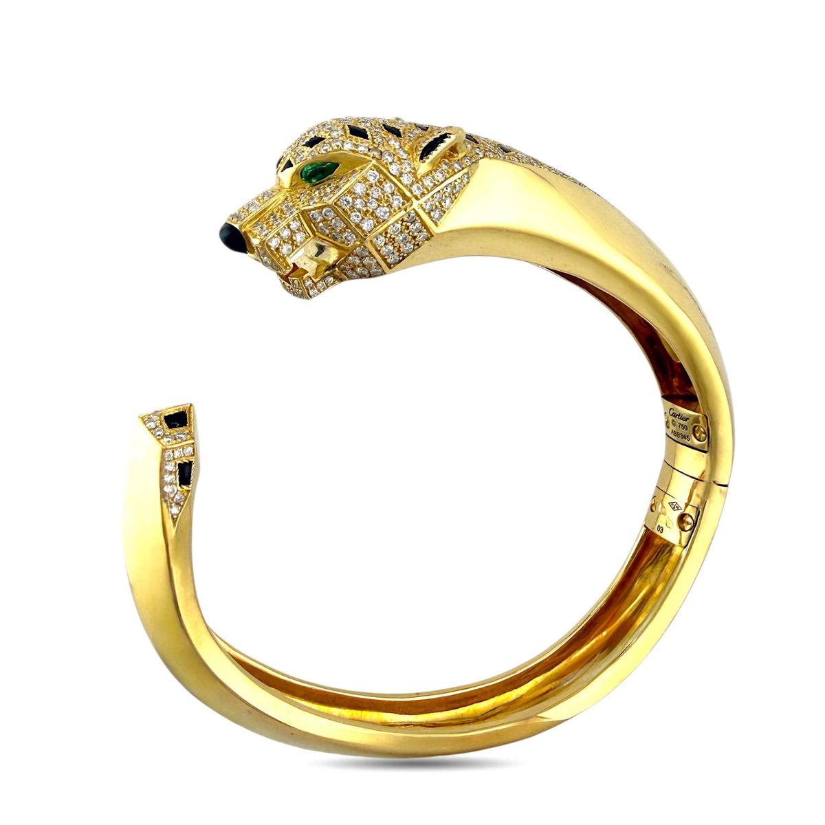 Cartier Panthere de Cartier 18K yellow gold bangle with diamond, emerald and onyx panther head