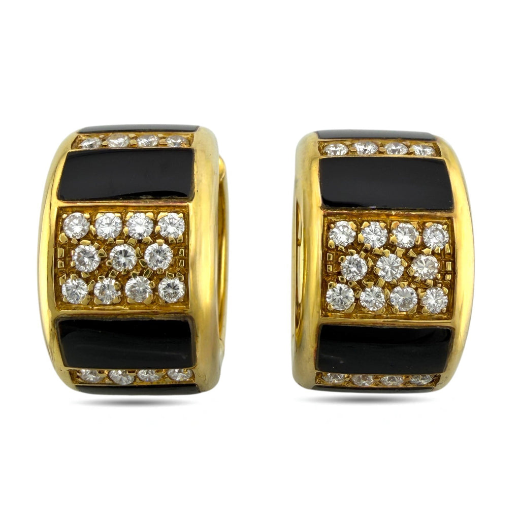 18K Yellow Gold 0.76ct Diamond and Black Enamel Hinged Huggy Earrings