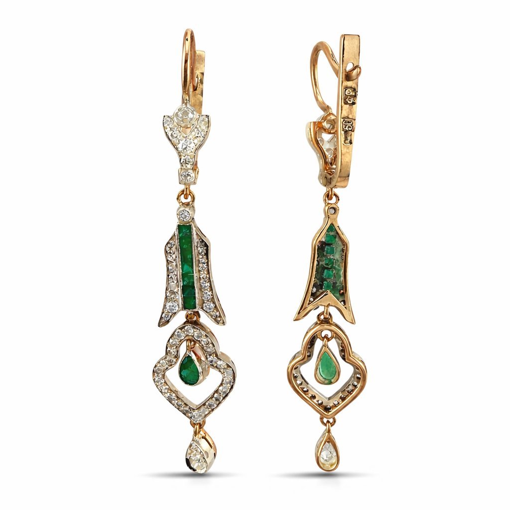 Imperial Russian 14K Rose Gold 1.7ct Diamond and Emerald Earrings