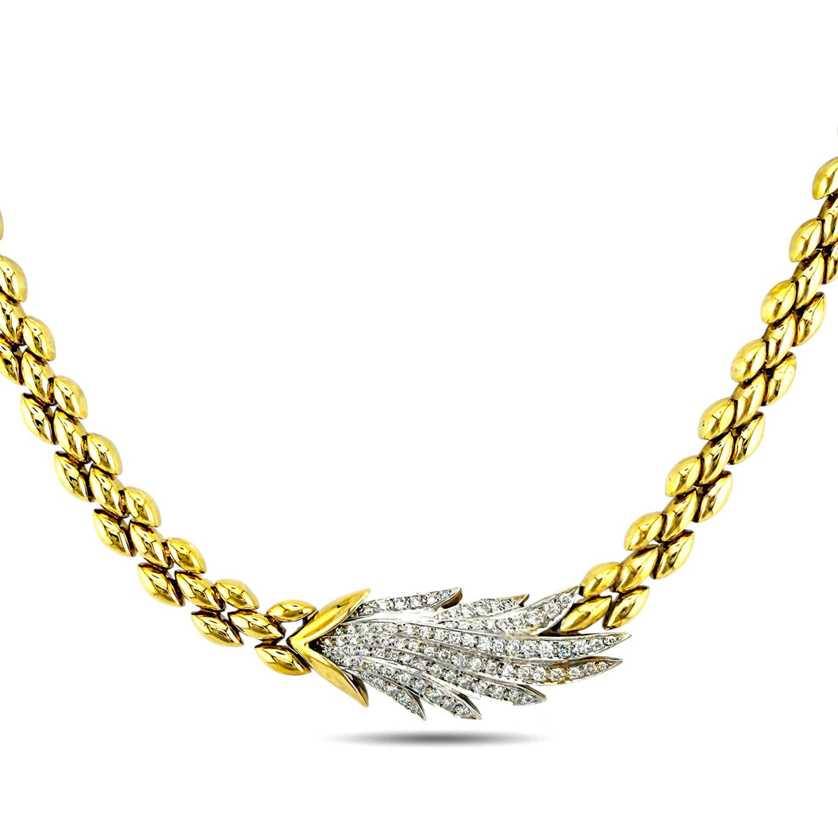 18K yellow gold diamond feather link necklace with flexible chain