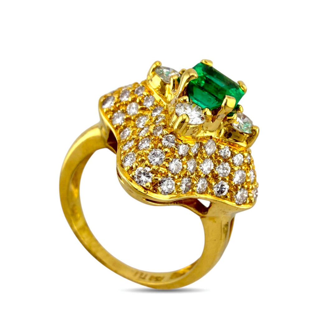 18K Yellow Gold 0.80ct Emerald and 1.08ct Diamond Cocktail Ring