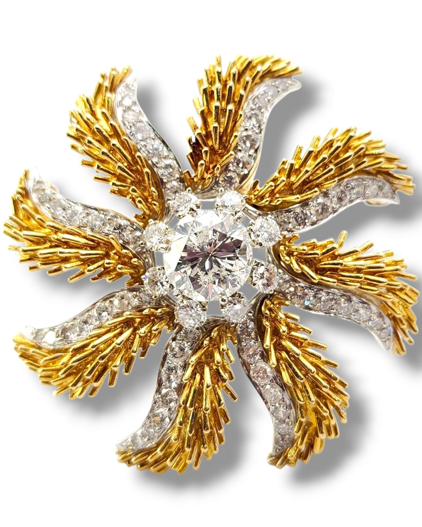 Brooch - 18 kt. Yellow gold, Amazing 18K Gold Brooch Large Diamonds 3.08 Ct