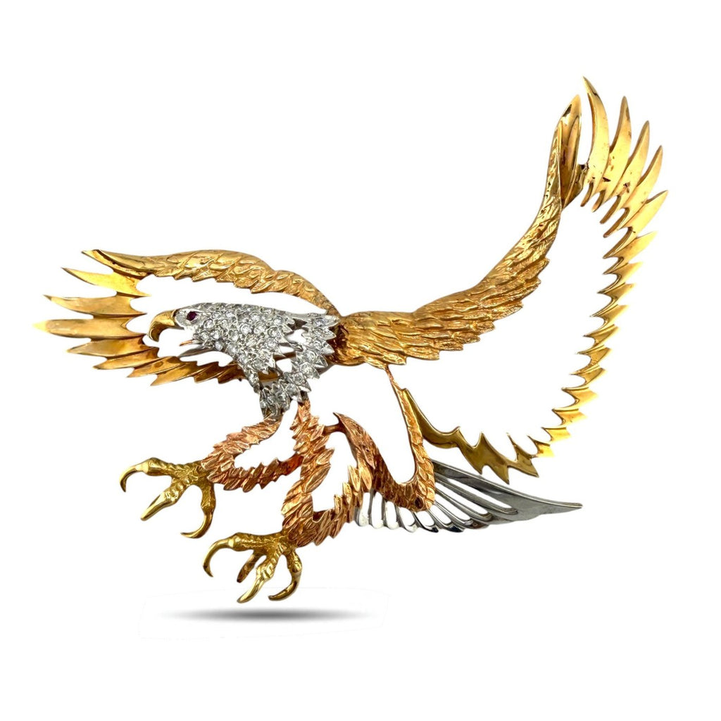 14K Tri-Color Gold 1.0ct Diamond Eagle Silhouette Large Brooch