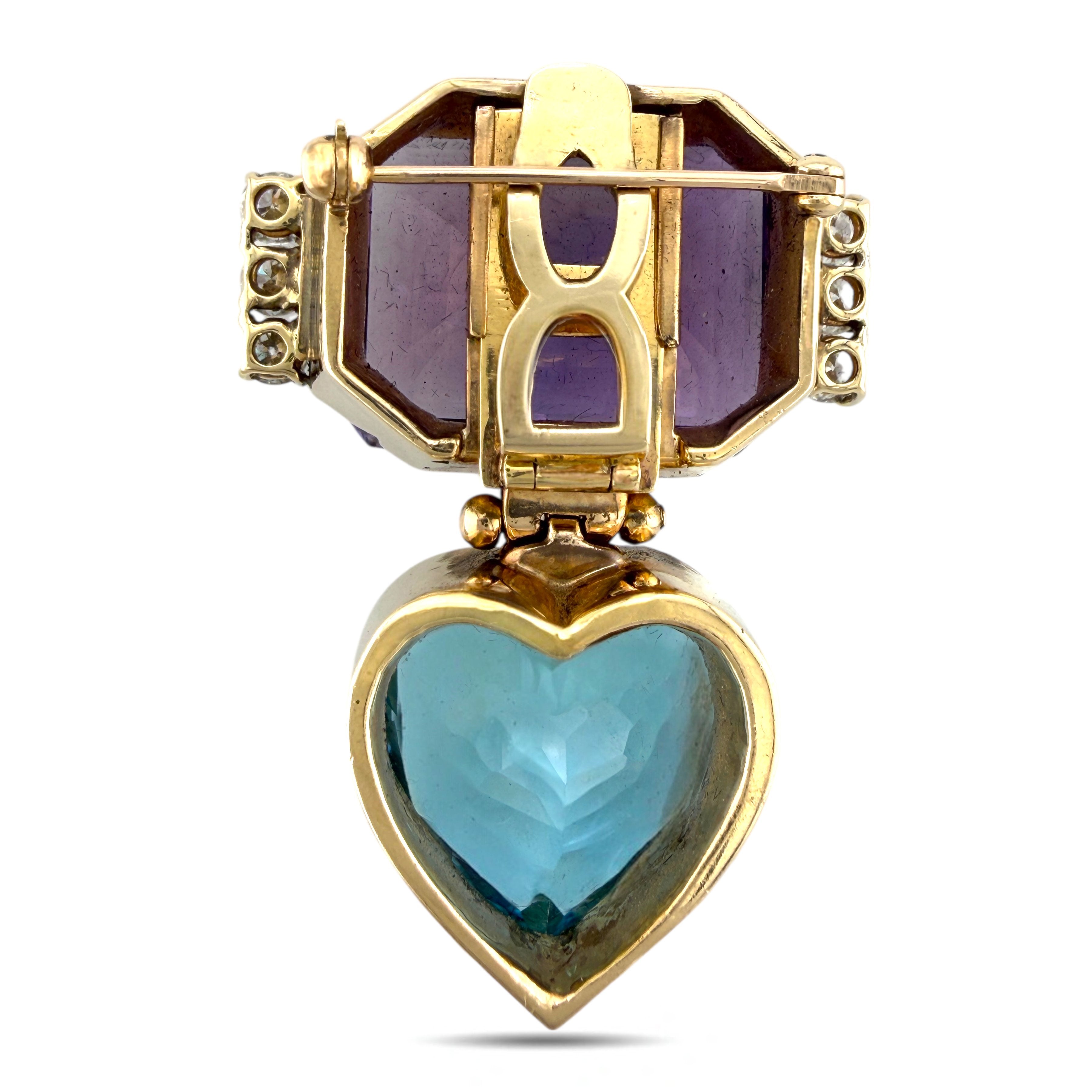 14K Yellow Gold 9.25ct Amethyst, 19.5ct Topaz and 1.5ct Diamond Convertible Brooch