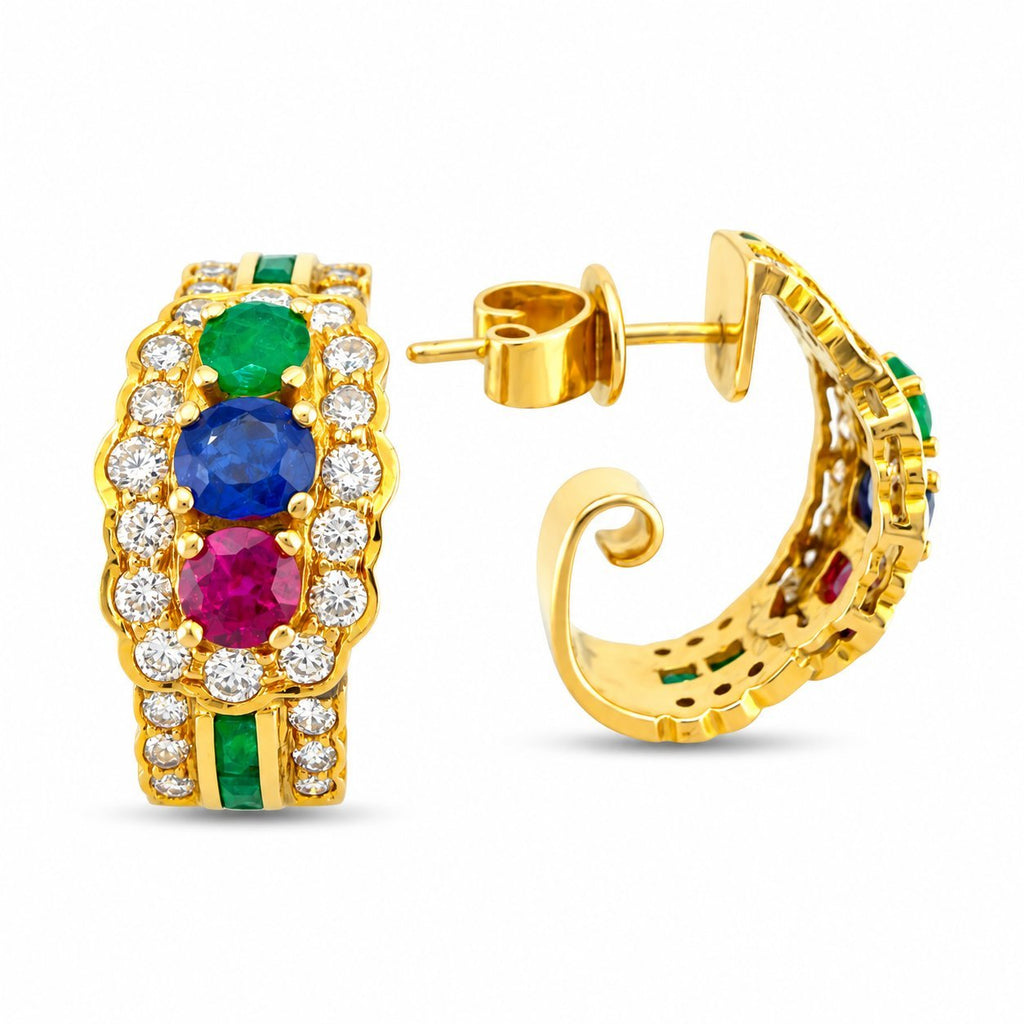 18K yellow gold hoop earrings with blue, green, pink gemstones and diamond borders