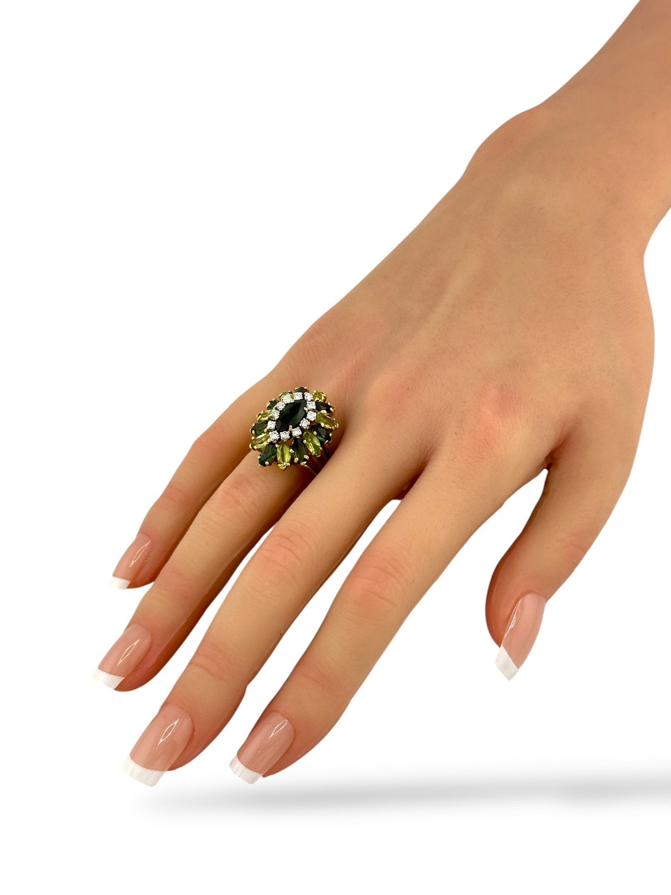 18K Yellow Gold Diamond, Tourmaline & Peridot Cluster Ring