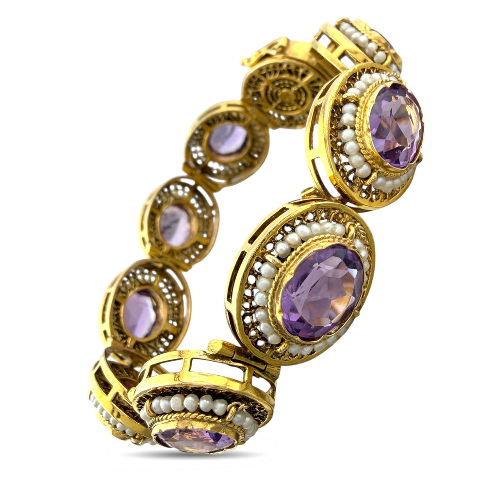 Antique 14K Yellow Gold Amethyst and Pearl Link Bracelet