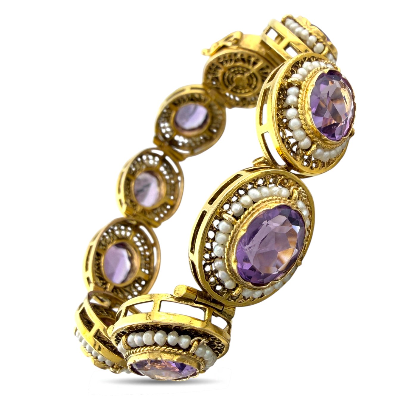 Antique 14K Yellow Gold Amethyst and Pearl Link Bracelet