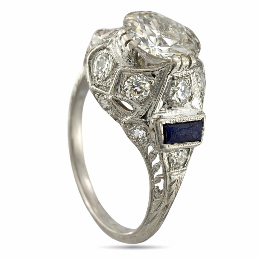 Art Deco 18K White Gold 2ct Diamond and Sapphire Ring