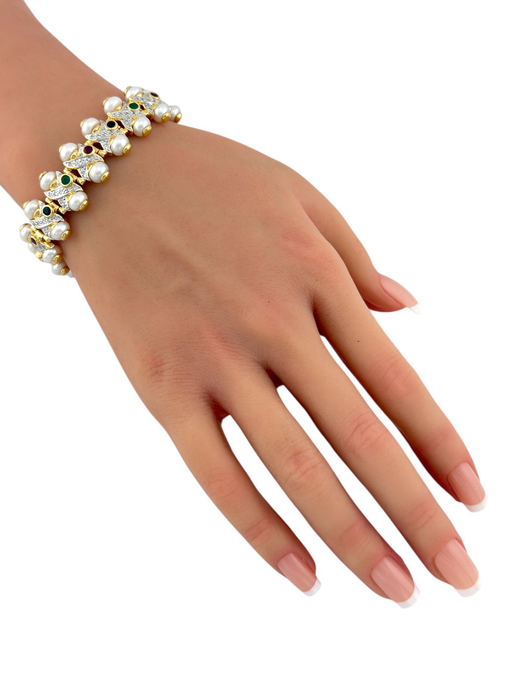 14K Yellow Gold Sapphire, Ruby, Emerald, Pearl and 1.03ct Diamond Bracelet