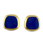 Yellow gold lapis lazuli stud earrings with smooth square blue stone faces