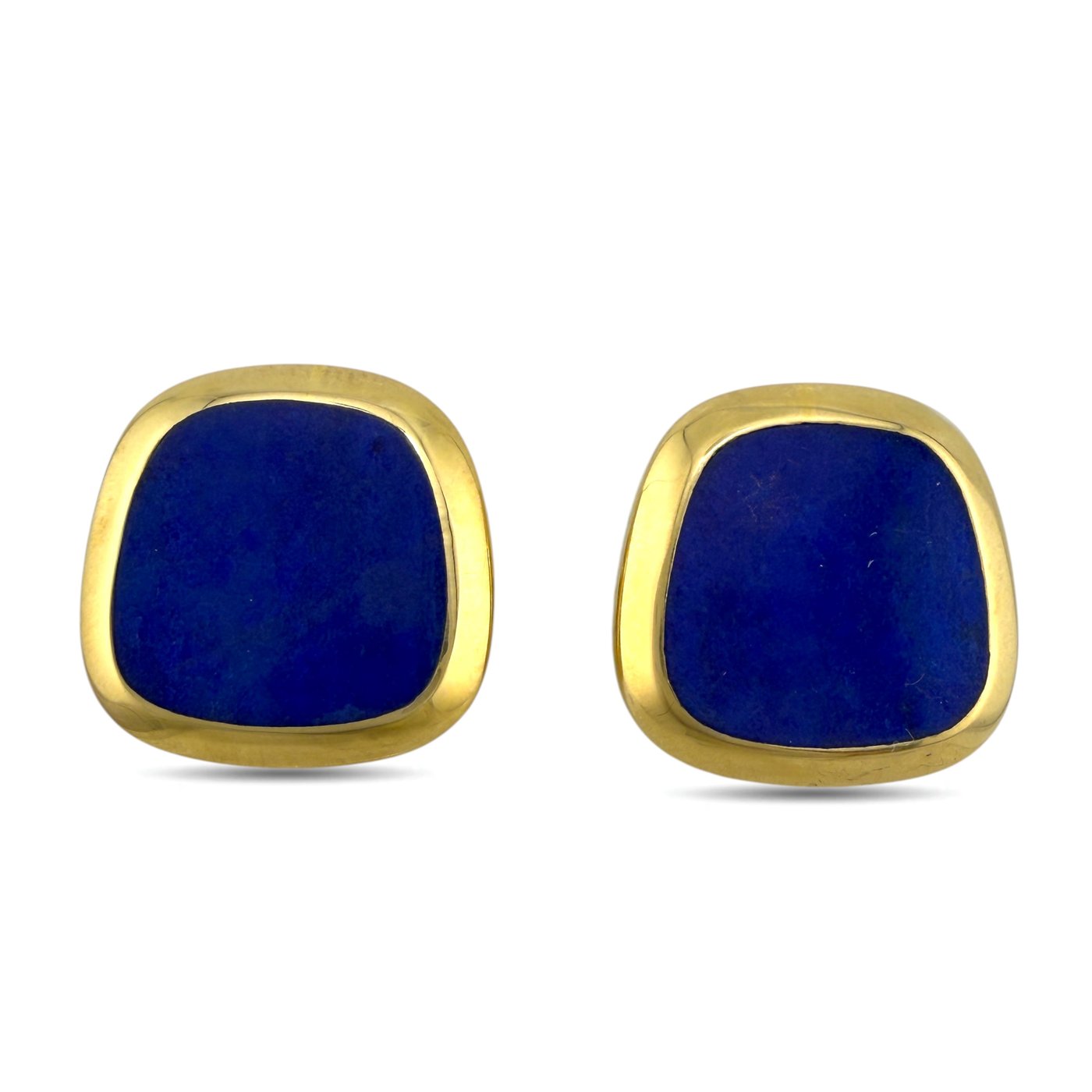 Yellow gold lapis lazuli stud earrings with smooth square blue stone faces