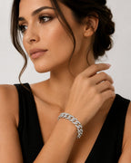 Diamond circle-link bracelet on wrist with interlocking oval links in white gold