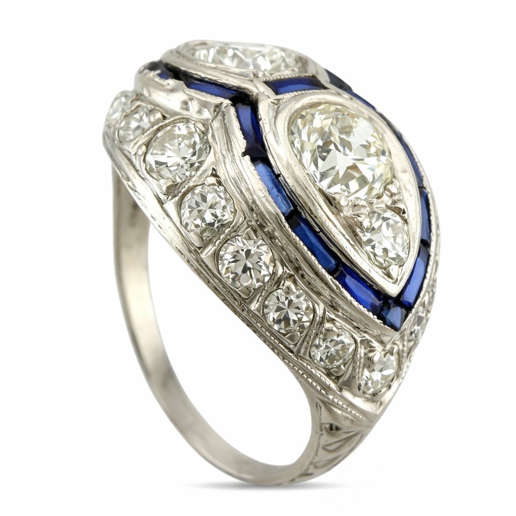 Platinum Art Deco Ring with 1.6ct of Diamonds and Sapphires